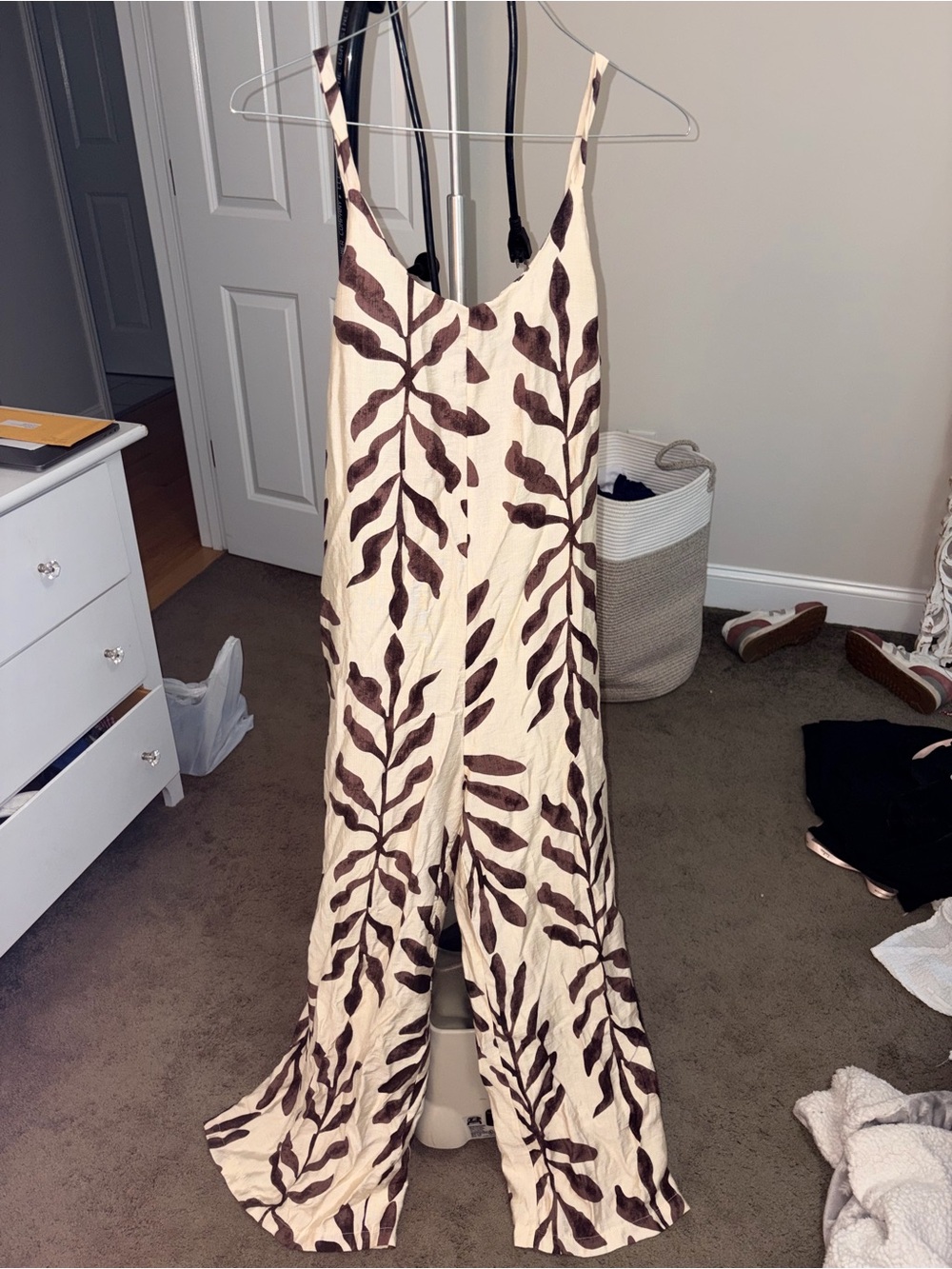 SHEIN Cream Maxi Jumpsuit with Brown Leaf Print